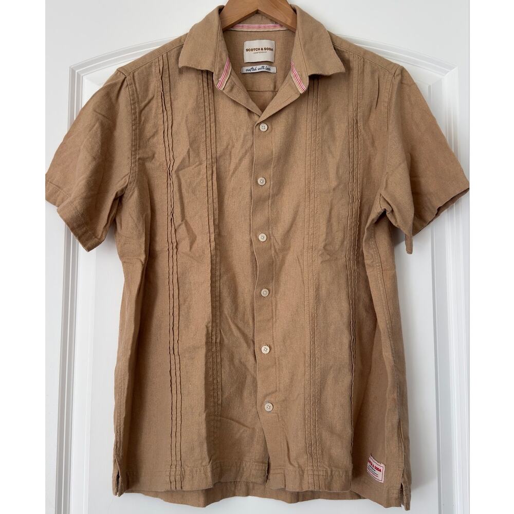 Scotch & Soda Men's Tan Linen Blend Guayabera Pintuck Short Sleeve Shirt Medium